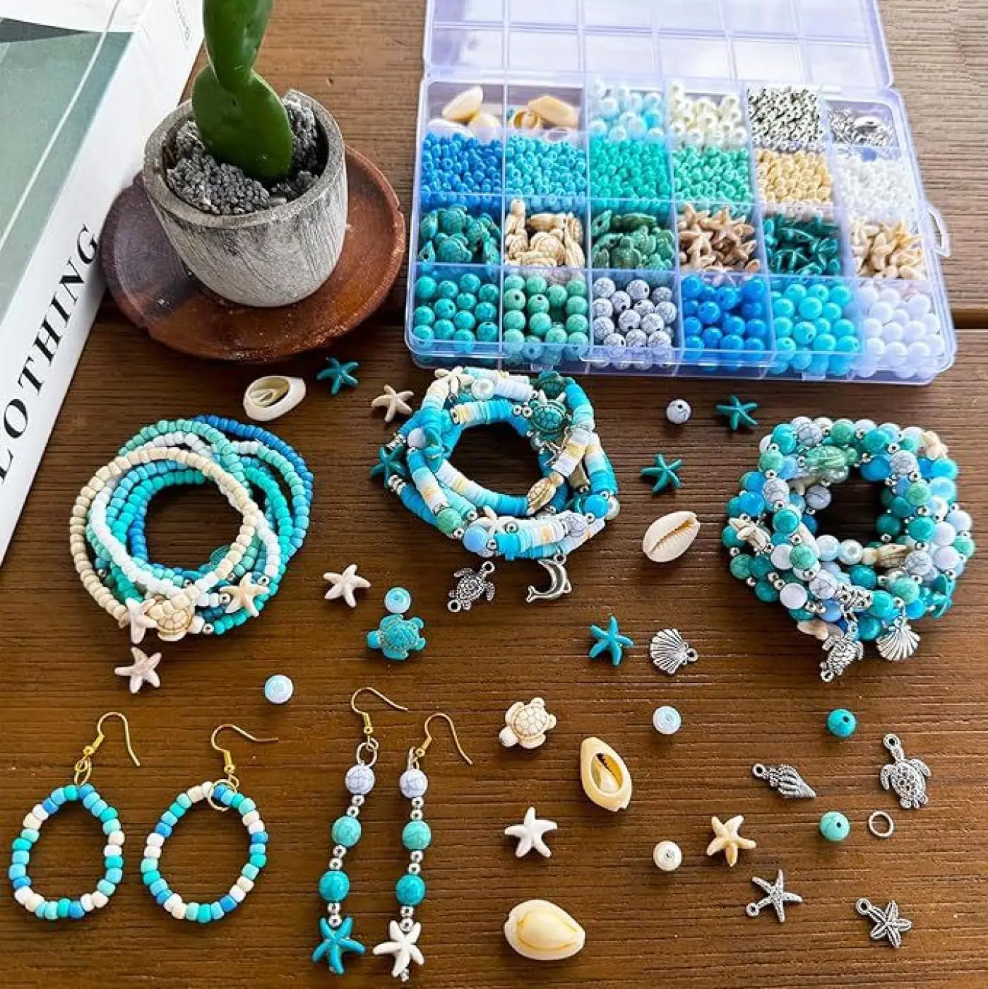 1860piece Sea Blue and White Beads Paired with Sea Turtle and Starfish Shaped 8mm Round Beads Suitable for Bracelets Jewelry