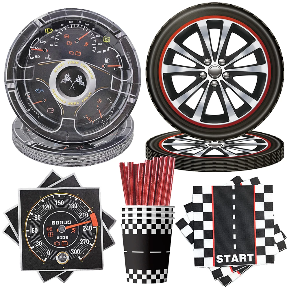Vajilla desechable con diseño de rueda temática de neumático de coche de carreras, platos de papel, vasos, servilletas, suministros de decoración para fiesta de cumpleaños para niños