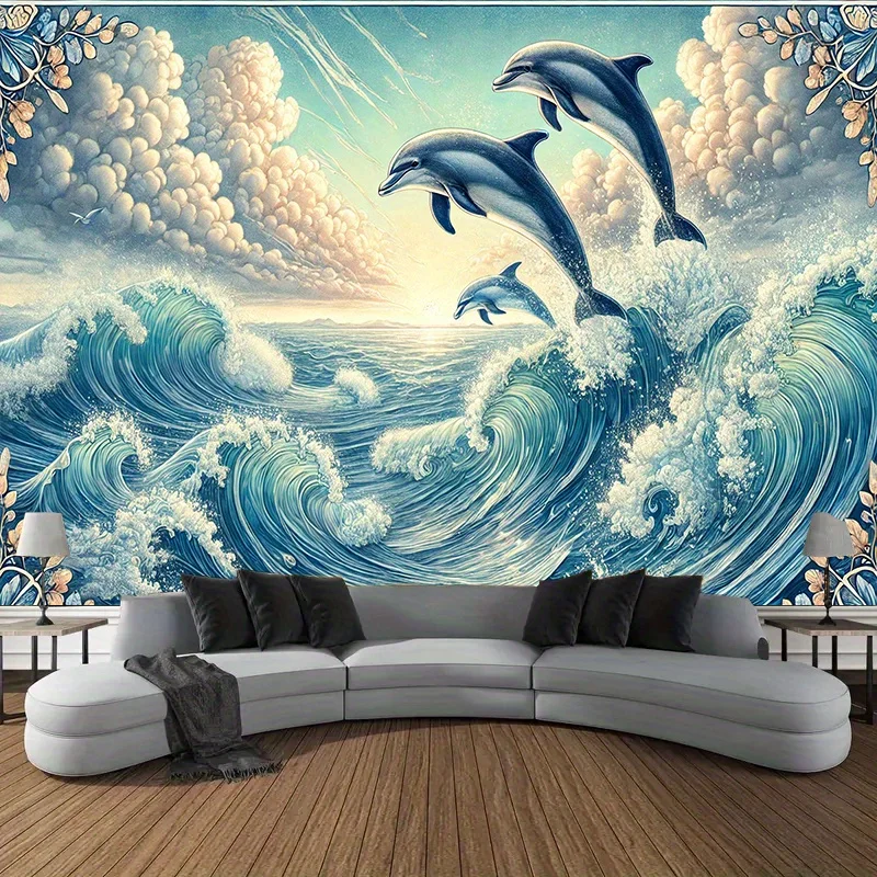 قطعة واحدة من نسيج موجة دولفين المحيط، قماش بوليستر، قابل للغسل في الغسالة، مناسب لتزيين غرفة النوم وغرفة المعيشة