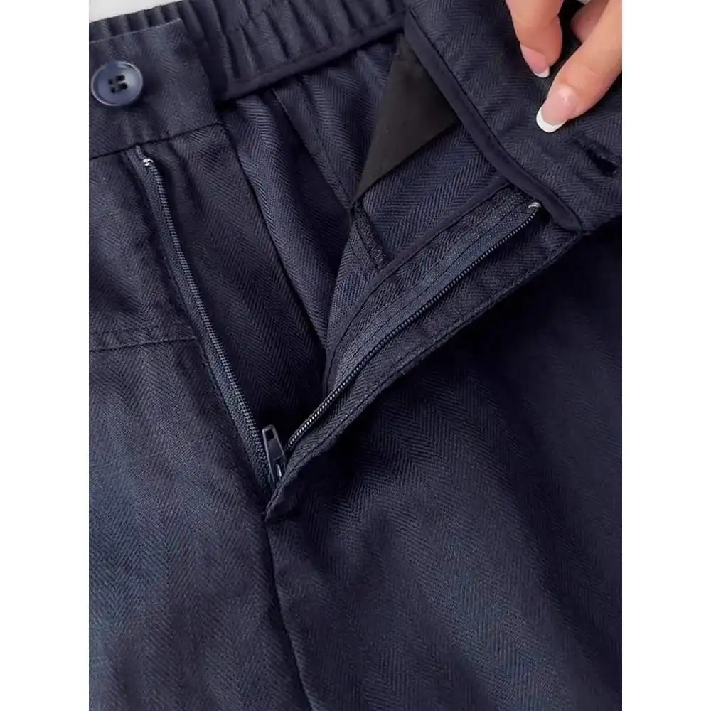 ハイウエストルーズフィットカジュアルパンツ秋ブルーコットンリネンストレートレッグプロフェッショナルスーツパンツ梨型体型女性向け