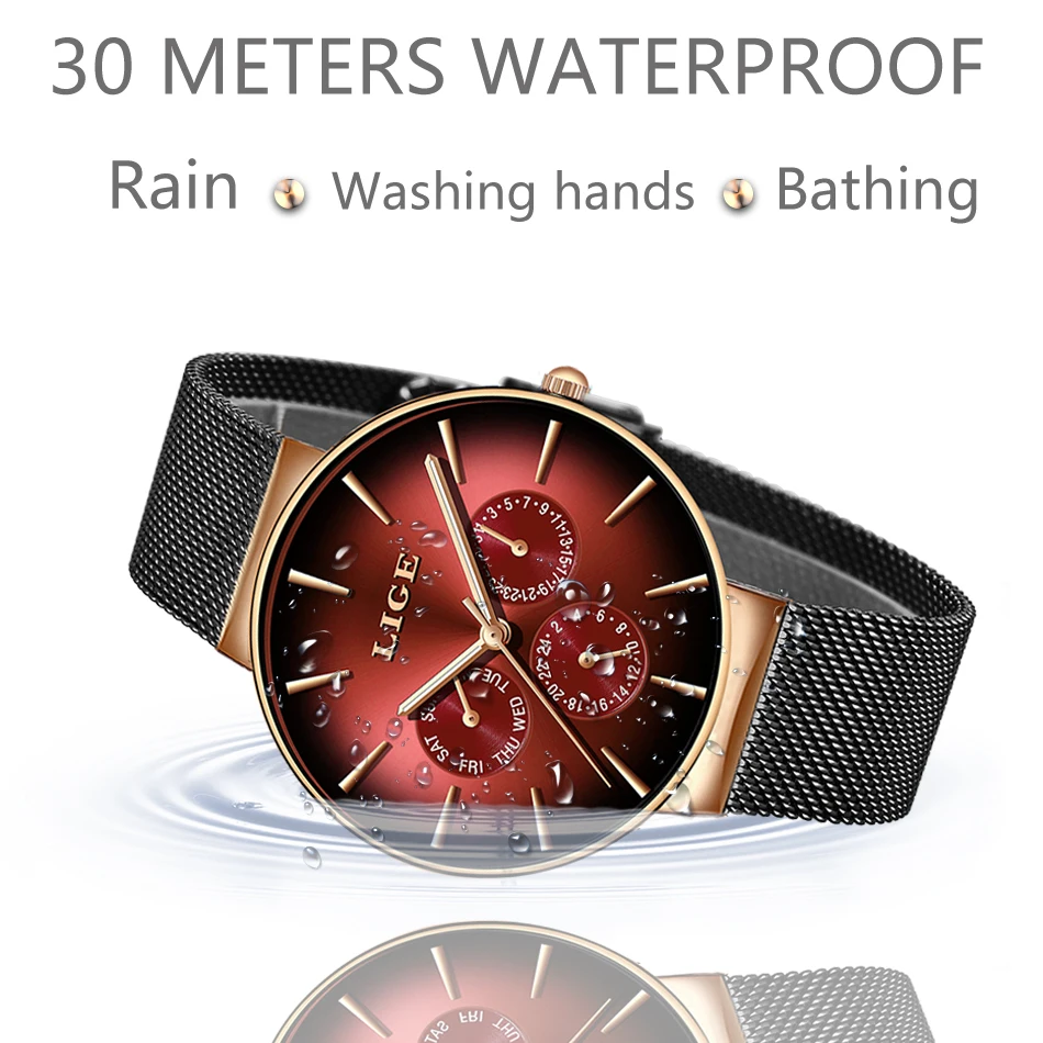 LIGE New Fashion Man Watch Luxury Business Quartz Watches for Men Ultra-thin Mesh Steel Belt Waterproof Wristwatch Sports Clocks