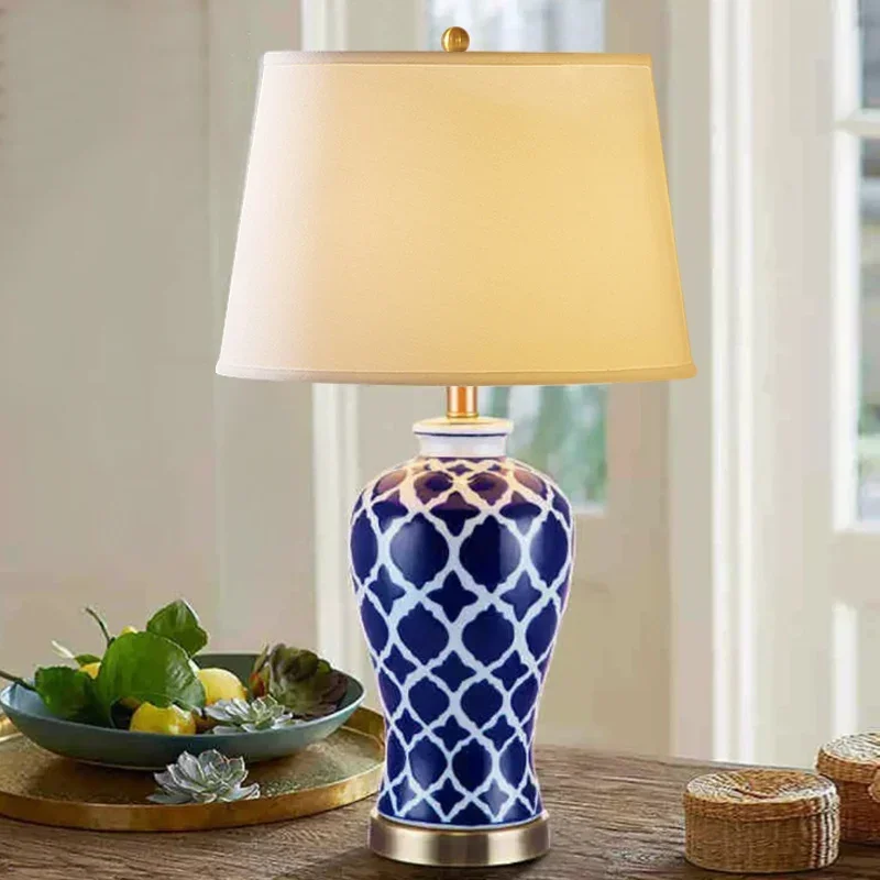 Blue and white pottery table lamp Bedroom bedside lamp