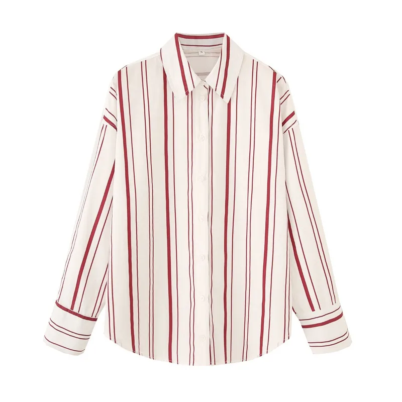 

Women's Classic Collar Red Striped Cotton Shirt Long Sleeve Loose Fit Office Workwear Casual Outfit Spring Summer Blouse
