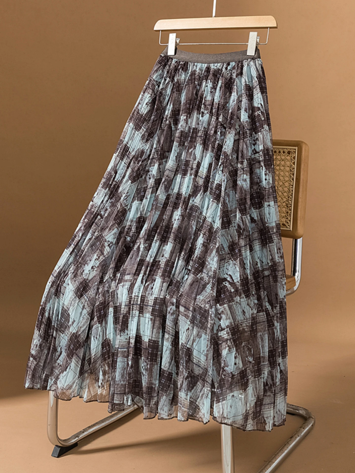 

Retro Tie Dye Plaid Mesh Half Skirt Women's Summer plus Size A-Line Long Skirts Beautiful Unique Slimming High Waist Design