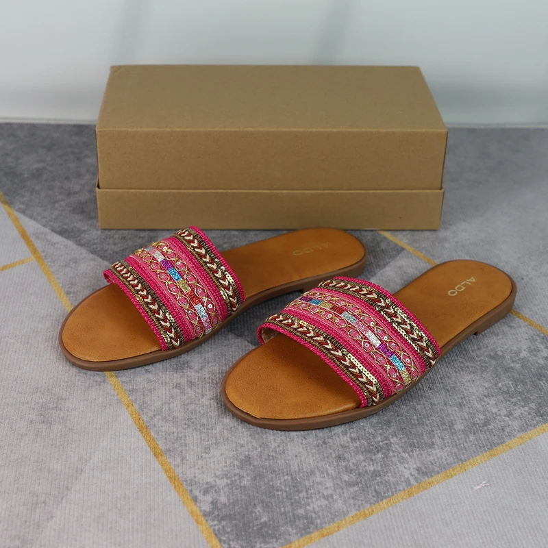 Summer Flat Slippers for Ladies 2024 New Weaving Ethnic Style Open Toe Beach Non Slip Women's Shoes Outdoor Walking Slides