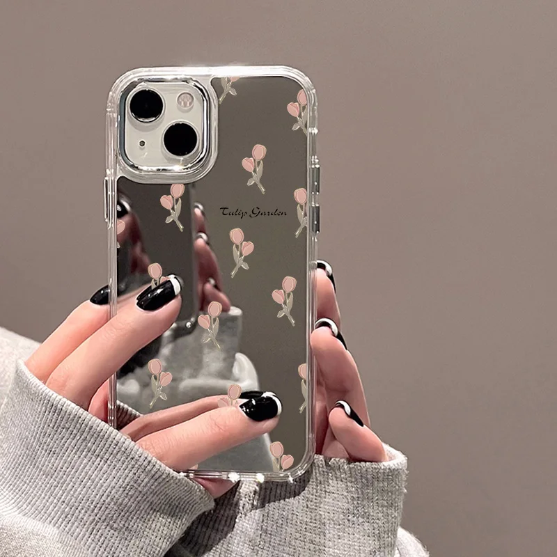 Rose Flower Phone Case For iPhone 16 Pro Case Funda iPhone 13 11 12 14 15 Pro Max Plus XR X XS Shockproof Make Up Mirror Cover