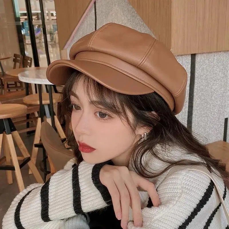 Black PU Leather Octagonal Cap Fashion Simple Large Size Beret Autumn/Winter Painter Hat Female Duck Tongue British Style Caps