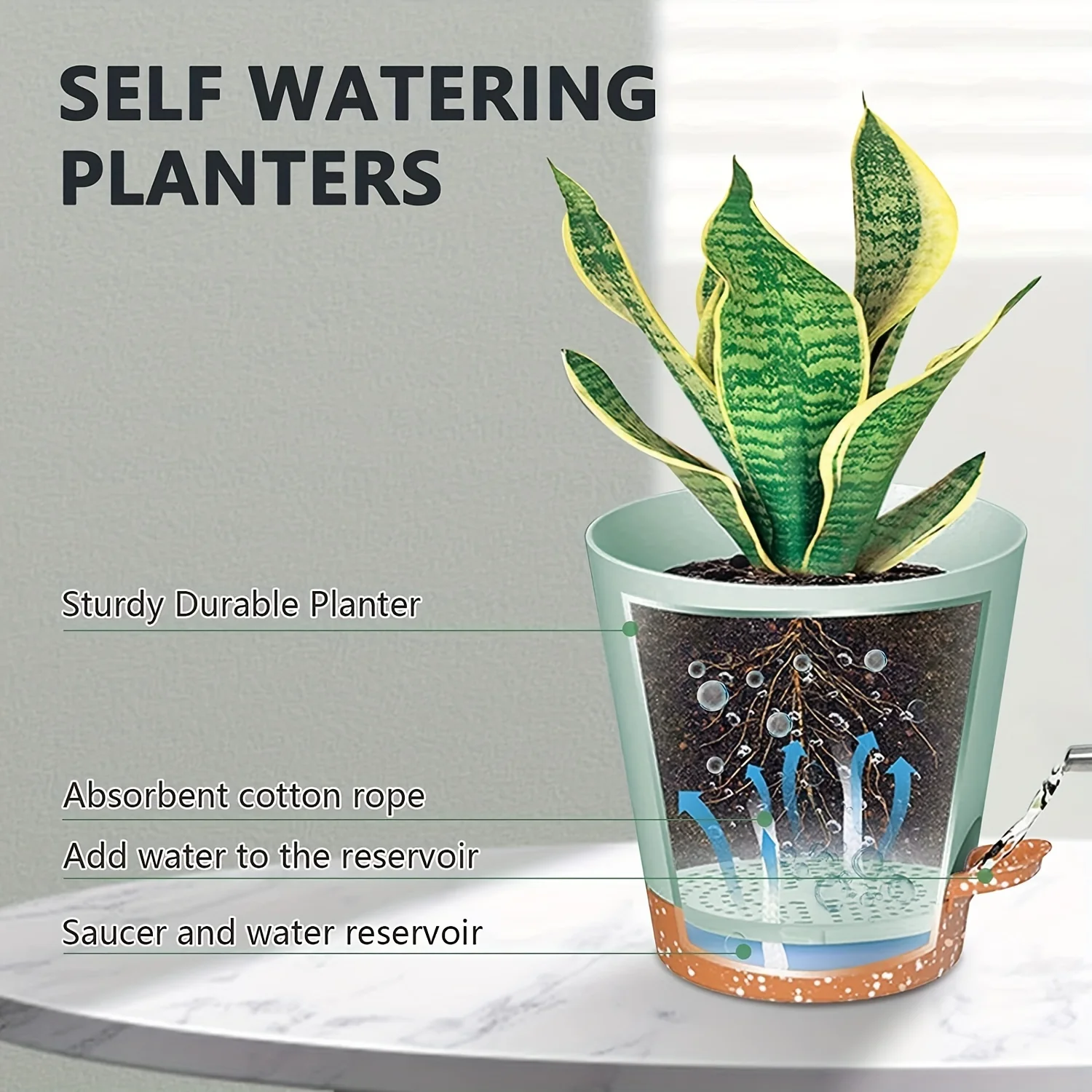 Self Watering Planters Set for Indoor Plants with Drainage Hole, Plastic Flower Pots for Succulents, African Violet - 5pcs (Gree