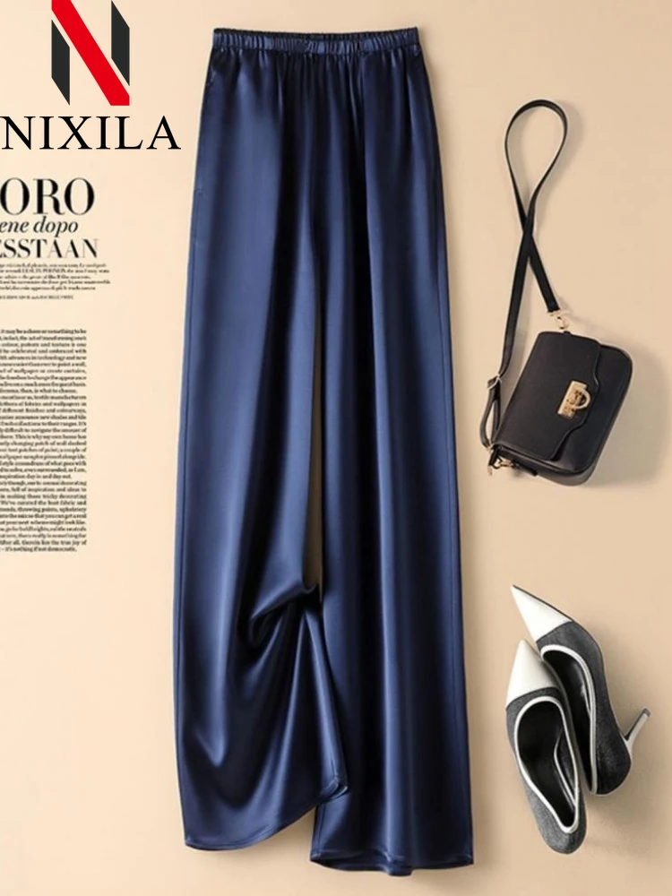 

New Spring Summer Smooth Acidic Silk Face Trousers Women's High Ice Silk Draped Bell Bottoms Solid Loose Fit Straight Leg Pants