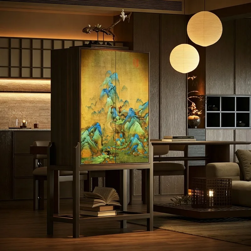 Oriental Aesthetic Thousand Miles Landscape Wooden Cabinet Set, Mid Century Sideboard for Living Room Entry Decor