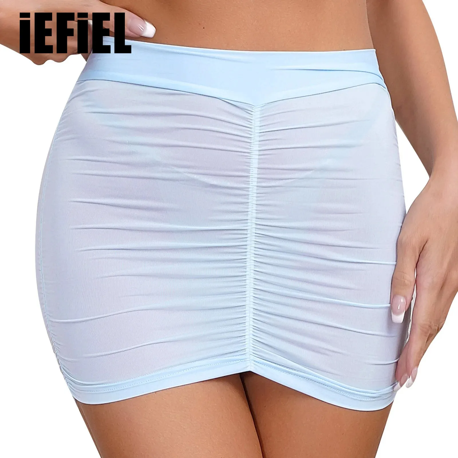 Women Semi-Sheer Skirt Tempting Bodycon Mini Skirt Ruched Elastic Bands Hip Wrap Lingerie Skirt for Nightclub Nightwear