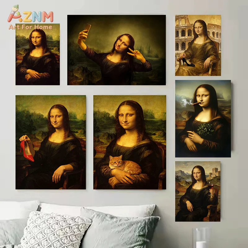 Funny Mona Lisa Modified Canvas Poster Retro Famous Painting Humor Cat Selfie Wine High Heels Print Modern Living Room Bar