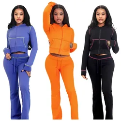 Women Fashion Tracksuits Waffle 2 Piece Set 2024 Autumn Long Sleeve Zipper Hooded Jacket Crop Tops + Flare Pants Jogger Suits