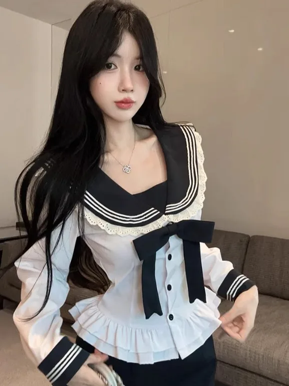 

Korean Style Slim Fit JK Uniform Set Sweet And Spicy Girl Navy Collar Waist Cinching Shirt Top Short Skirt Two Piece Set Women