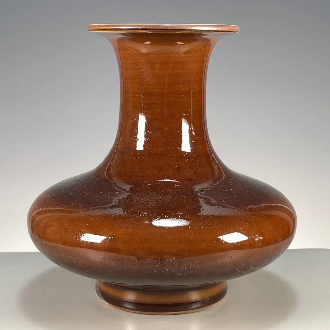 Collectible Porcelain Decorative Vase with Large Bulbous Globular Belly, Full Russet Sauce Monochrome Glaze