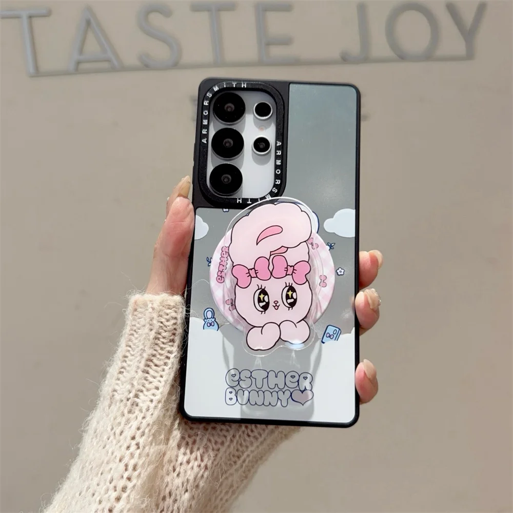 Kawaii Esther Bunny Magnetic Phone Case for Samsung Galaxy S24 Ultra S25 23 Plus S26 Cover With Magsafe Cartoon Stand Chain Case