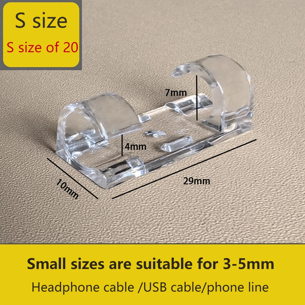 20Pcs S/L Cable Organizer Clips Transparent Self-Adhesive Wire Management for Home Kitchen Office Desk Wire Clamp Manager
