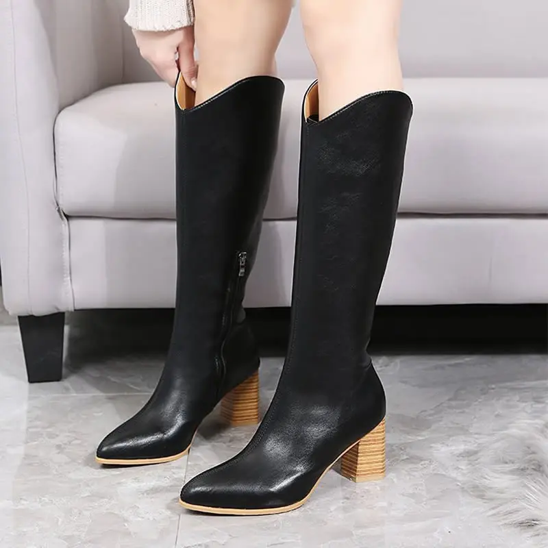 2024 New Women Beige High Heels Wedges Long Boots Ladies Riding Cowboy Boots Autumn Pointed Toe Knee-High Boots Female Shoes