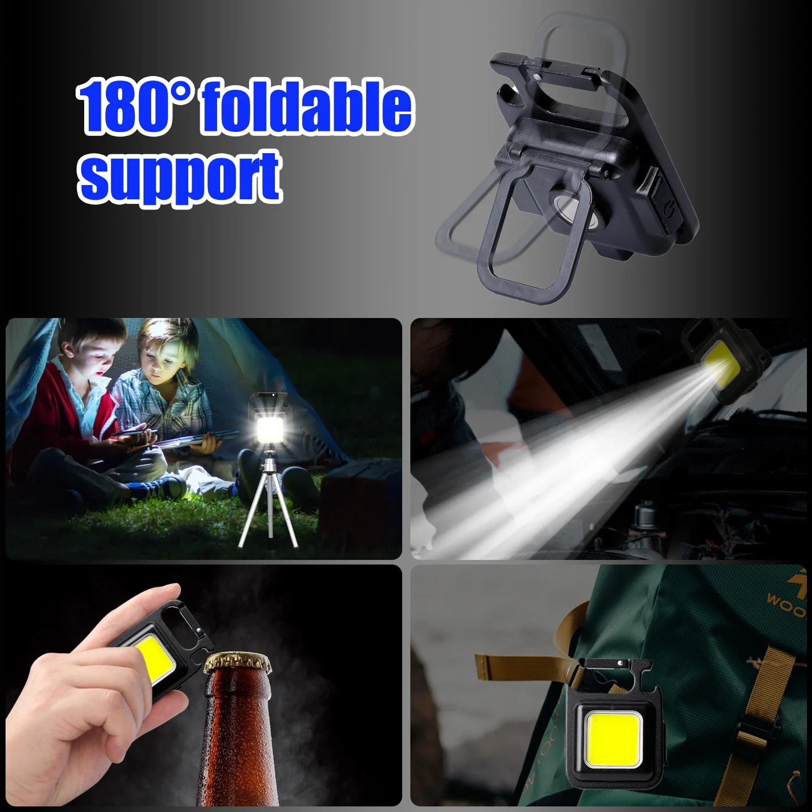 Mini Magnetic COB Keychain Light 800Lumens Bright USB Rechargeable Flashlight 3 Light Modes Portable Folding Bracket Work Lamp