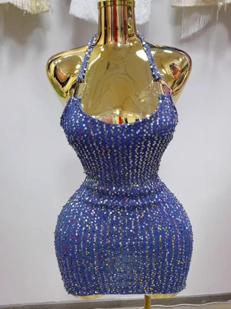 Women's Sexy Mini Skirt with Sequins Hanging Neck Design Ultra-Short Fashion Performance Nightclub Dress