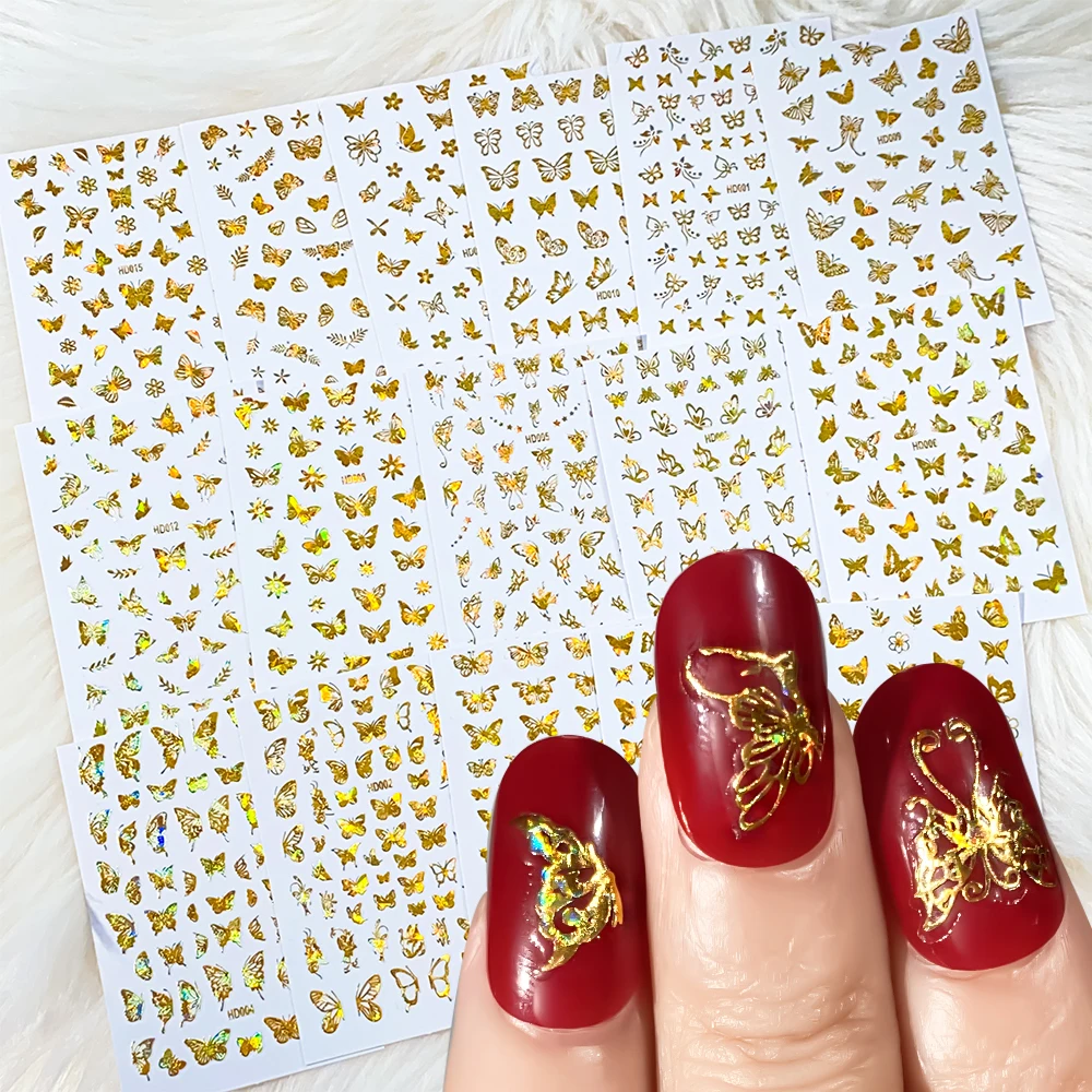 16Pcs/set Colorful Butterfly 3D Nail Sticker Laser Gold Silver Bronzing Butterfly Slider For Nail Tips Beauty Manicure Decals