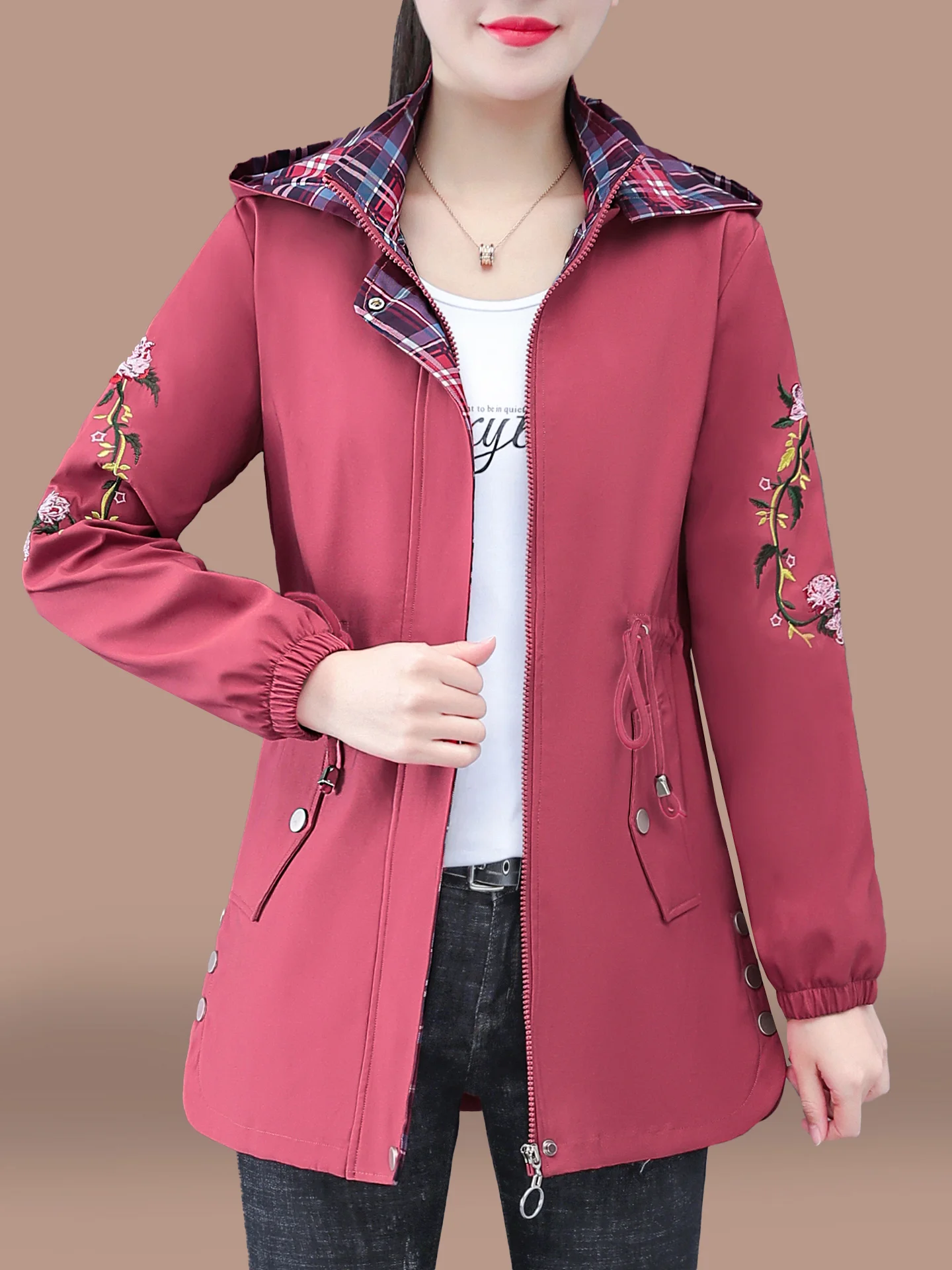 

Casual Mid-Length Women's Windbreaker Coat Spring Autumn New Sle Mom Casual Faion Hooded Waist-Cinching Slimming Top