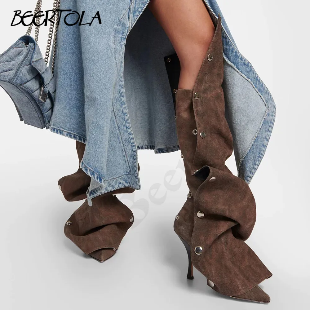 

Pointed Metal Rivet Stitching Boots Stiletto Heels Two-Way Wear Knee-High Stacked Boots Large Size Fashionable Sexy Women's Shoe