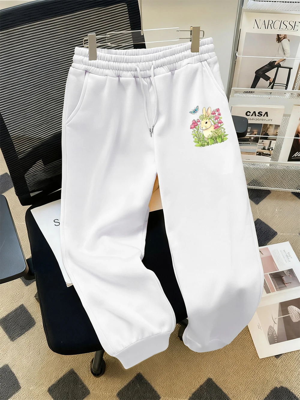 Cute Rabbit Butterfly Foliage Flower Sweatpants Womens Basics Pocket Trousers Winter Oversized Fleece Pants Casual Warm Clothes