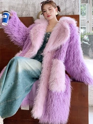 Original Design Purple Patchwork Pink Faux Fur Coat Female Long Lapel Jacket Lady Shaggy Outerwear Women Winter Coats Promotion