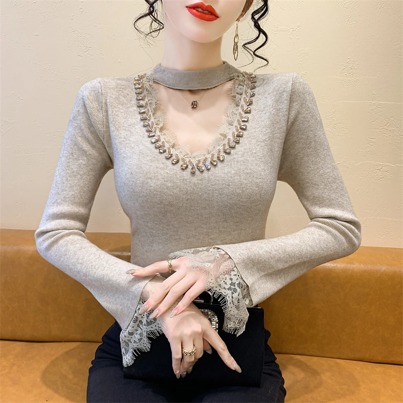 

2025, новинка, европейская, одежда, вязаный, свитер, женский, шикарный, сексуальный, ажурный, кружево, бисер, длинный рукав, пуловер, горячие, топы, 412132