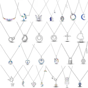 Mewah Kalung 925 Perak Asli Sterling Zircon Capung Kupu-kupu Kunang-kunang Bintang Bulan Rantai untuk Wanita Pernikahan Perhiasan 8 kalung rantai pandora penjualan terbaik - №