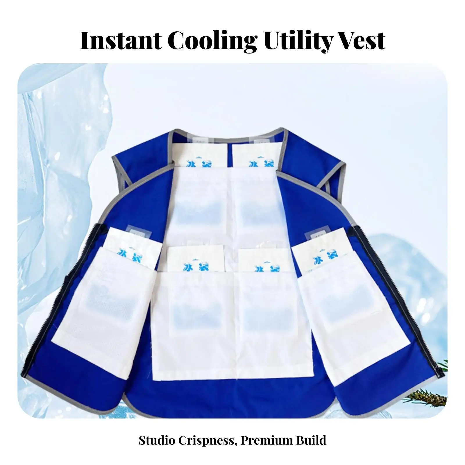 Ice Pack Cooling Vest for Work Safety High Visibility Blue Mesh Lightweight with Zipper Shoulder Flaps Reflective