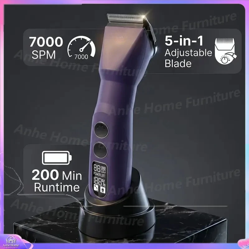 Professional Cordless Dog Hair Trimmer 5 in 1 Pet Grooming Clippers High Speed 7000SPM Rechargeable Cat Shaving Low
