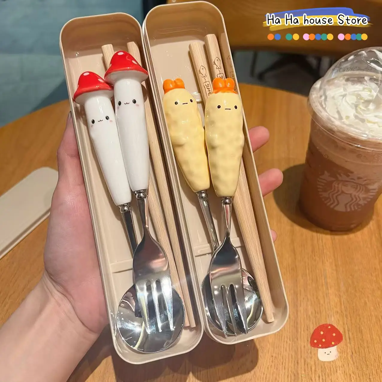 

Cute Ins Spoon Fork Chopsticks Mushroom 3-piece Set High Beauty Cartoon Student Children's Convenient Tableware Box Set