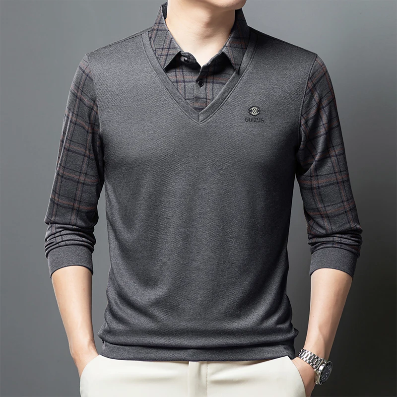 

T-shirt Man Business Casual Style Spring Autumn 2026 New Plaid Striped Long Sleeve T-shirt for Men Turn Down Collar Casual Tops