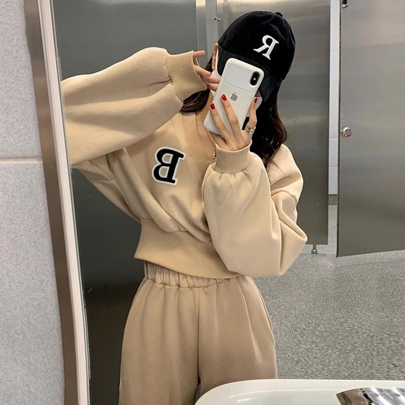 Conjunto de mole com capuz de manga crida e forro de lã para outono/inverno, calça casual de cintura alta e perna larga...