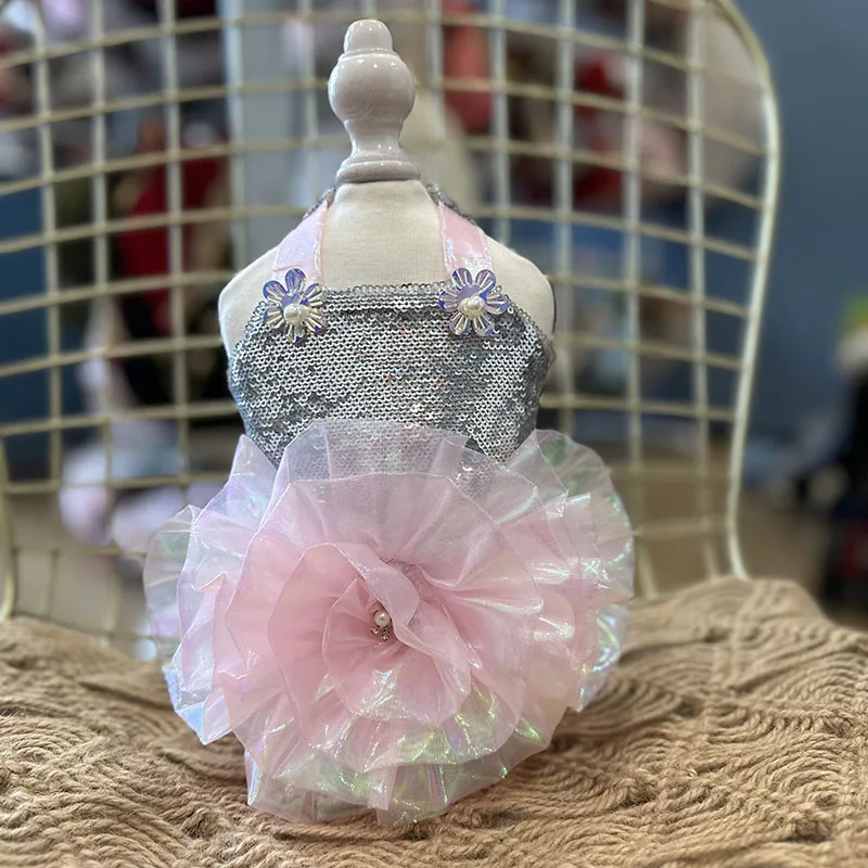 

2025 New Pet Dog Clothes Chihuahua Luxury Silver Sequin Fink Flower Handmade Princess Dress For Small Medium Dog Puppy Clothing