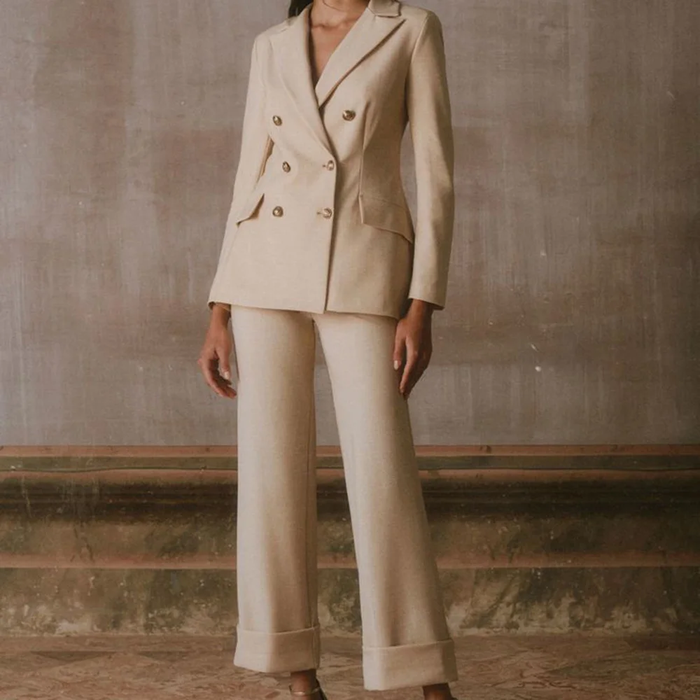 우아한 빈티지 여성용 투피스 수트 세트, 더블 브레스티드 피크 라펠 재킷 팬츠 세트, 오피스 연회 비즈니스 여성 의류