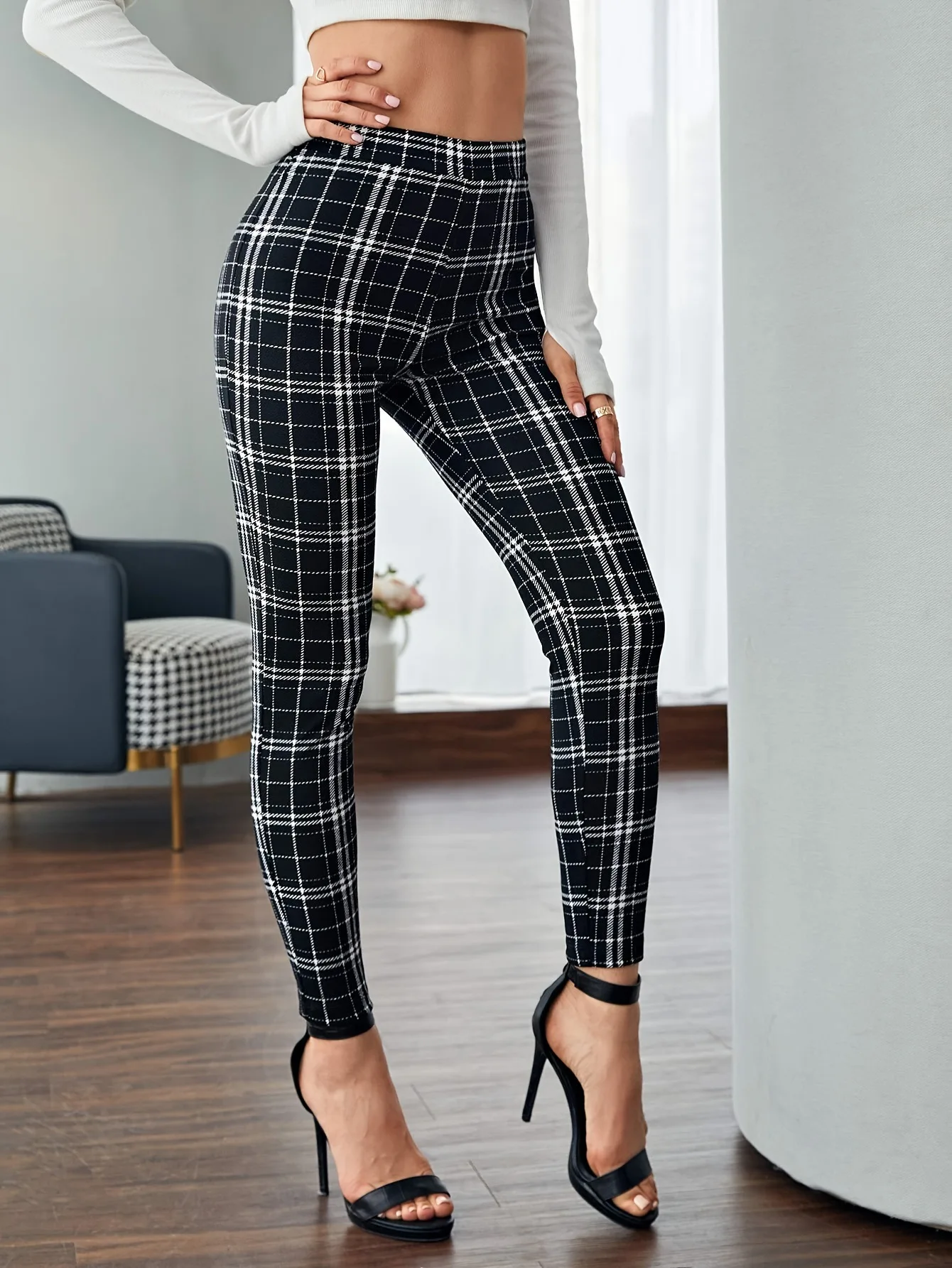 

Women's Pants Europe and The United States Cross-border New Amazon-Plaid Printing Elastic High Waist Slim Fashion Pants Female