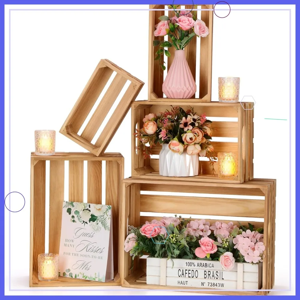 

5 Pcs Decorative Nesting Wooden Crates for Storage Display, Rustic Farmhouse Crate Box with Handle, Pine, Classic Color