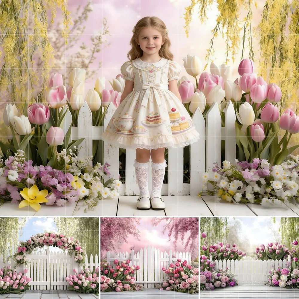

Spring Flowers Photography Background Tulips White Fence Kids Birthday Cake Smash Portrait Decor Backdrop Photo Studio Props