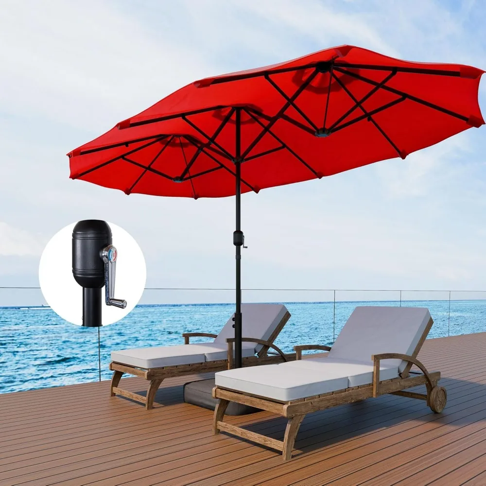 13FT Large Outdoor Patio Umbrella with Base, Double-Sided Rectangular Shade for Poolside Lawn Garden, Red