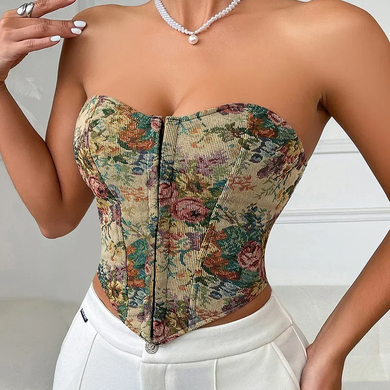 Vintage Floral Jacquard Bustier Corset Sexy Low Cut Strapless Crop Top Woman Retro European Style Clothes Trends Sleeveless Top