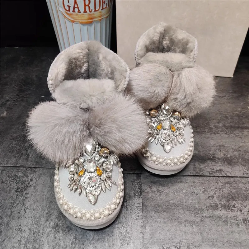 Glitter Multi Gemstone Fox Fur Ball Lace-Up Botas para Mulheres, Botas de Neve, Sola Grossa, Plush, Dentro, Strass, Feminino, Inverno