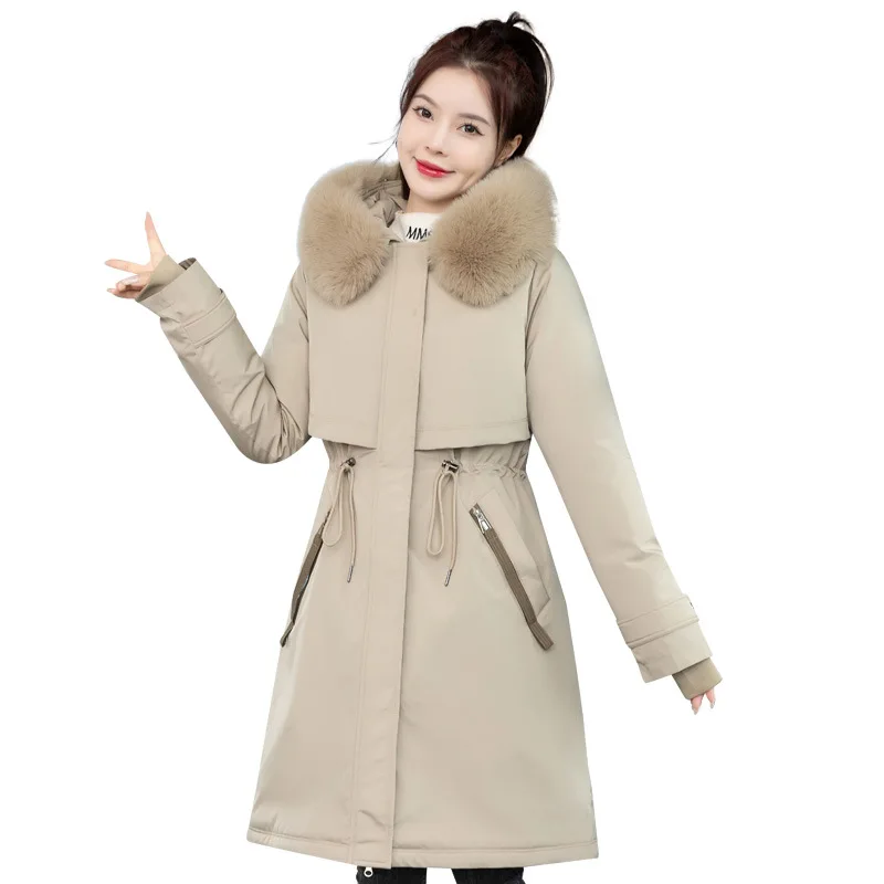 

Parkas Jacket Women Cotton Coat Detachable Liner Fur Collar Hooded Drawstring Thick Windproof Outerwear Female Autumn Winter