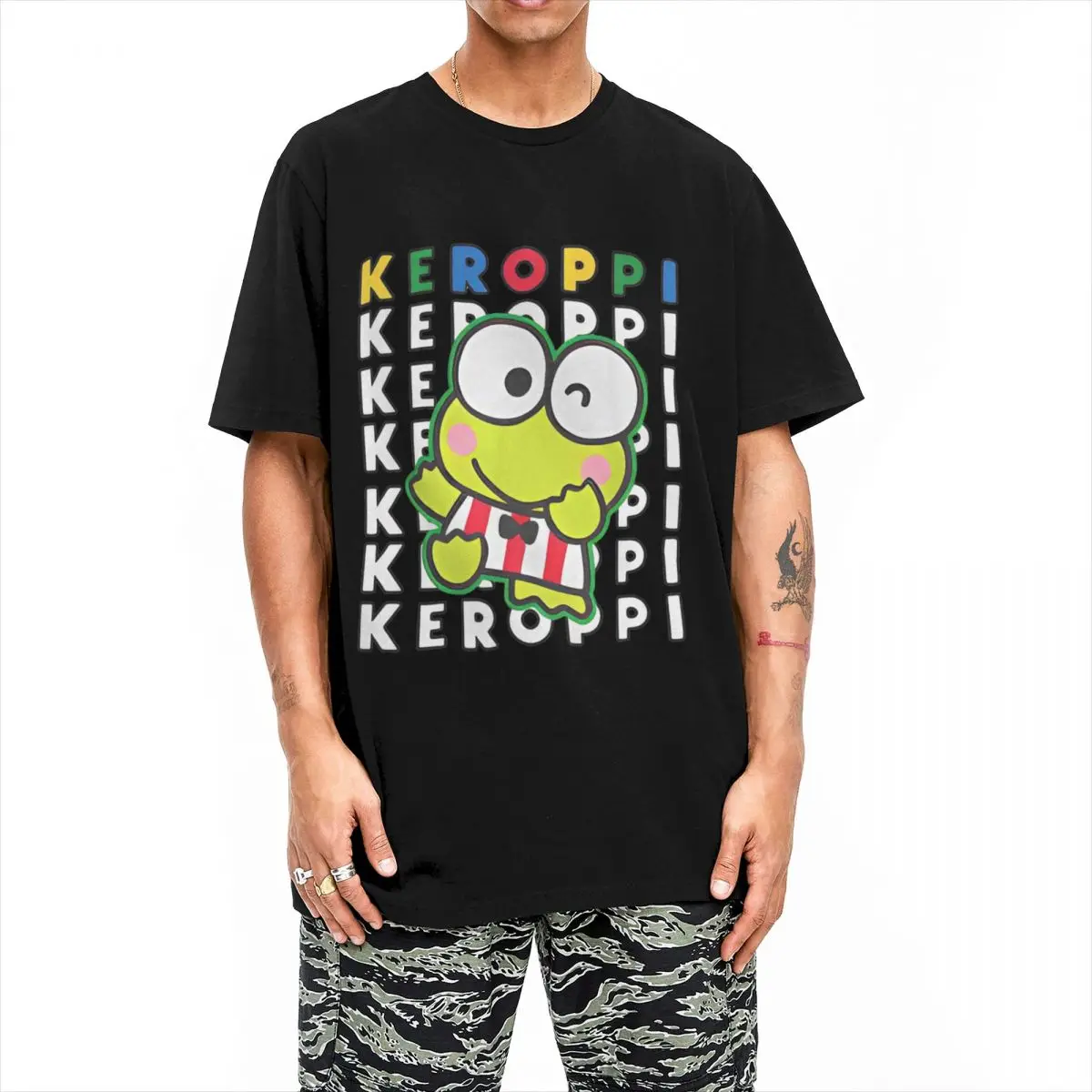 Keroppi Colorblock اسم تي شيرت الشاطئ خمر تي شيرت 100% القطن Harajuku التي شيرت للرجال قصيرة الأكمام طباعة القمم