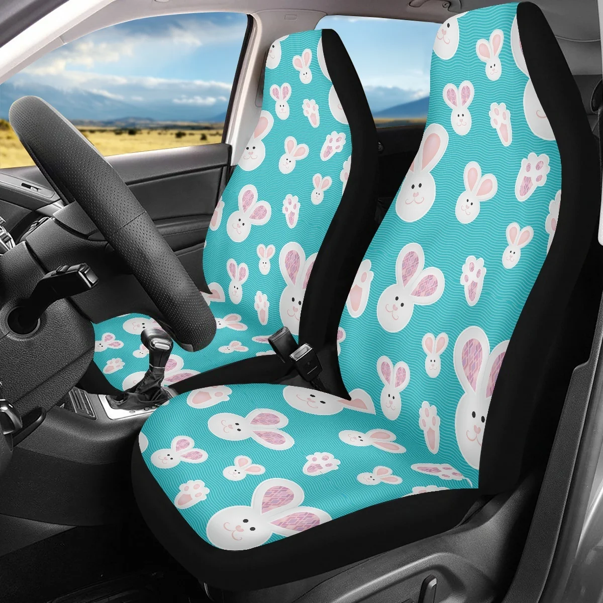 Cute Pink Rabbit Carrot Pattern Front Car Seat Covers Easy Clean Car Accessories Comfortable Seat Protect Custom Image Fashion