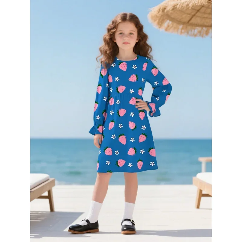 

Hot Sale 2025 Girls Long Sleeve Dress - Cute Strawberry Flower Print Blue Kids Casual Dress for Summer Beaches and Everyday Wear
