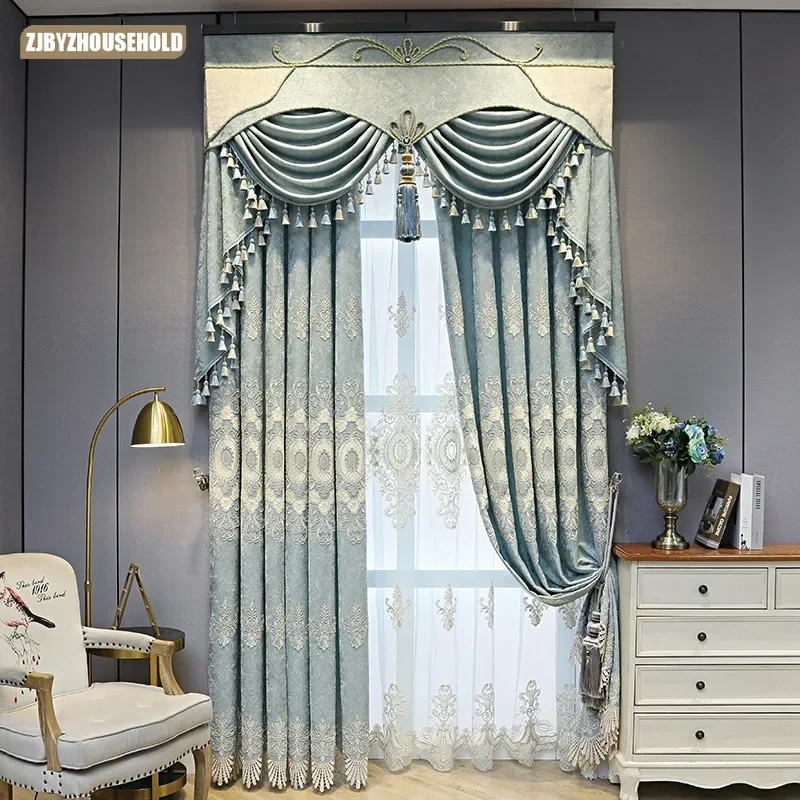 European customized size living room chenille embroidered curtains blackout floor windows blackout finished gauze curtains