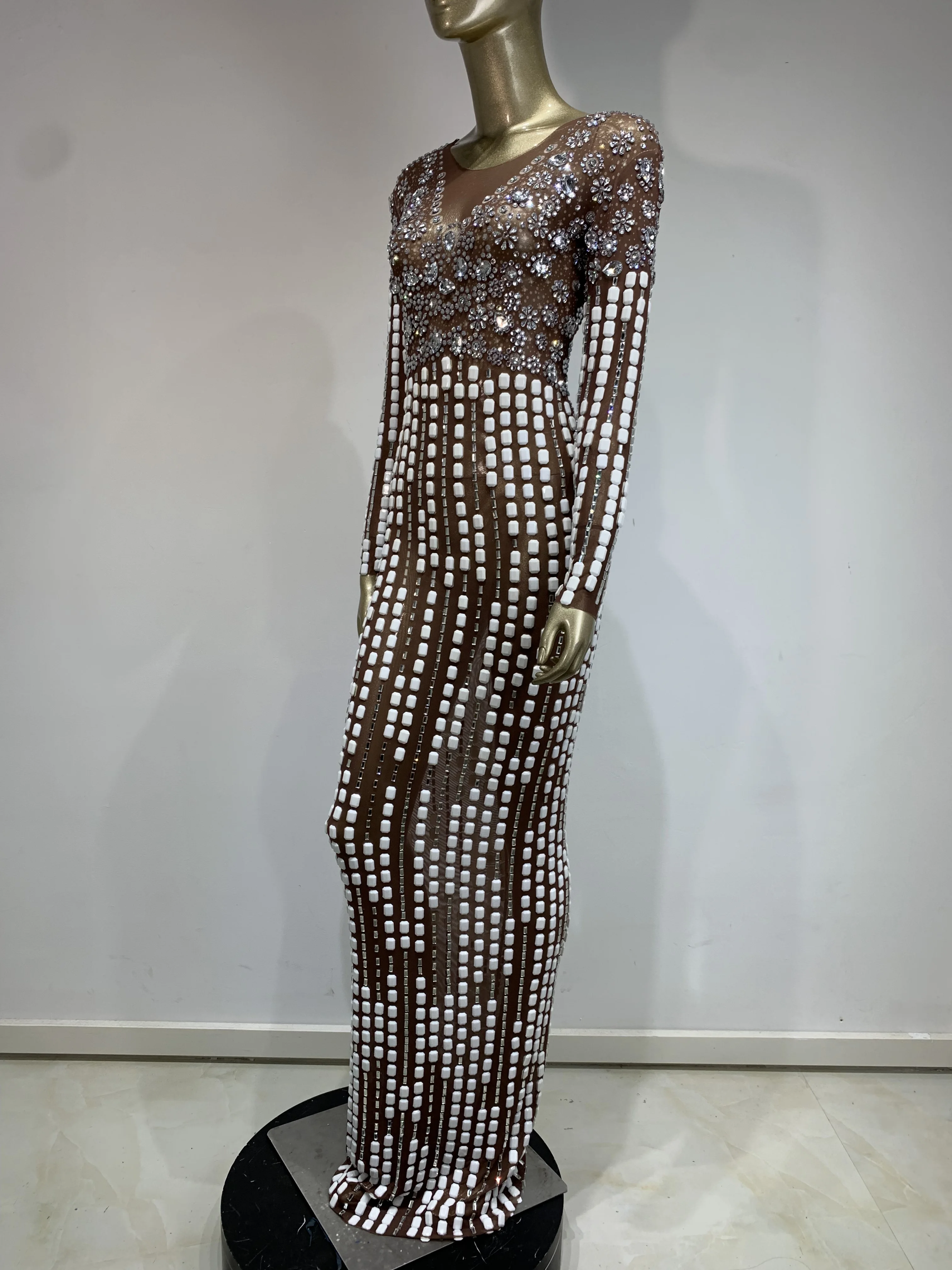 Women Sexy Long Sleeve Mesh Sparkly Diamond Brown Long Dress  Women Evening Party Birthday Dresses Singer Stage Show Costume